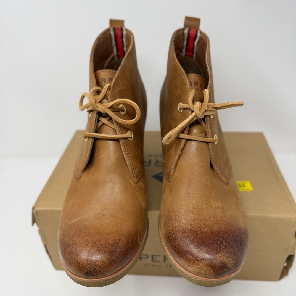 Sperry Harlow Burnished Wedge Booties Brown Leather Lace Up Ankle Boots Size 9 - Picture 2 of 16